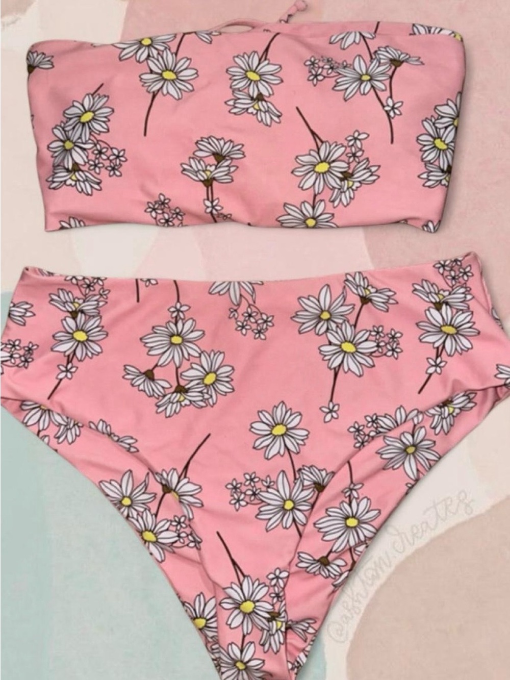SHEIN Pink Daisy Bandeau Two-Piece Bikini